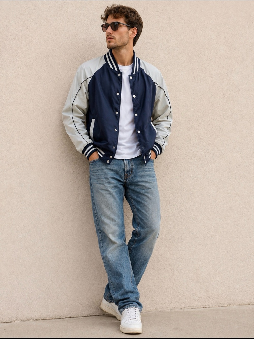 American Rag Navy and Light Gray Varsity Bomber Jacket M